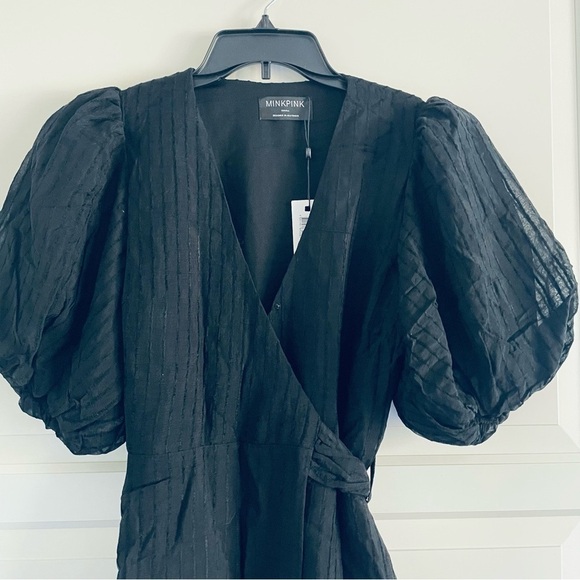 New! Minkpink Lylah puff sleeve Wrap Mini Dress black nwt 30312 - Picture 4 of 13